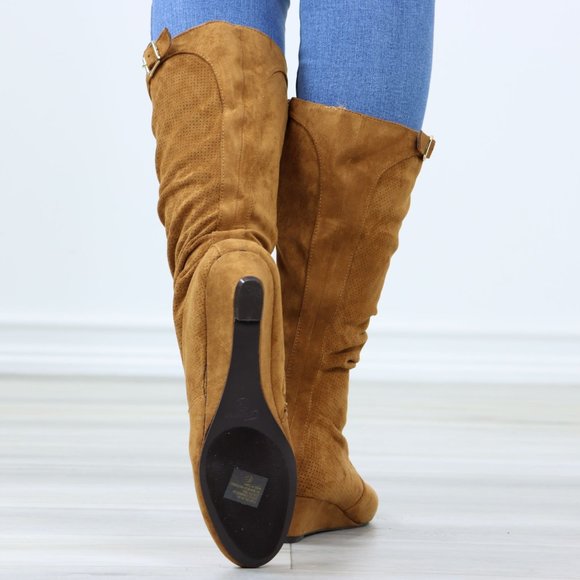 Tan Faux Suede Round Toe Low Kitten Wedge Heel Mid Calf Boots - Picture 7 of 12